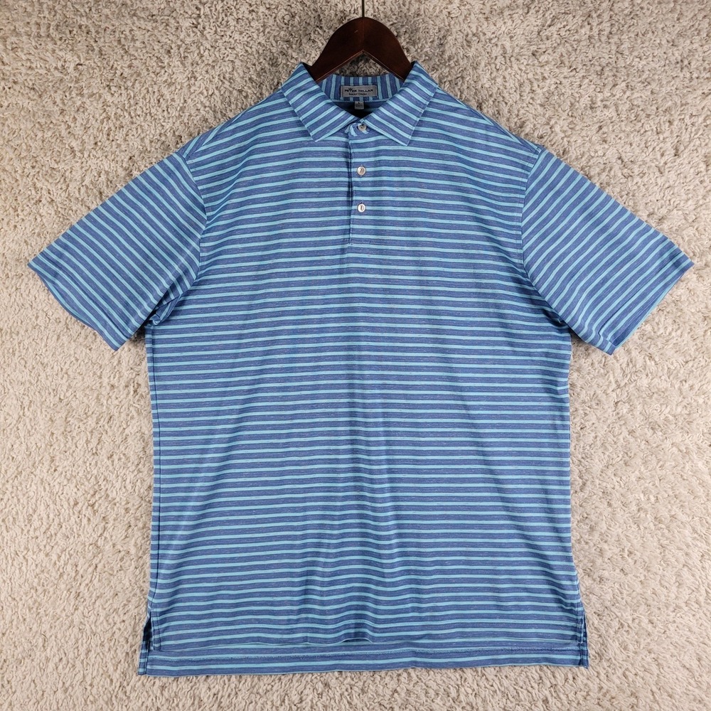 Peter Millar Summer Comfort Polo Shirt Men's L Blue Red Specs Striped Textured